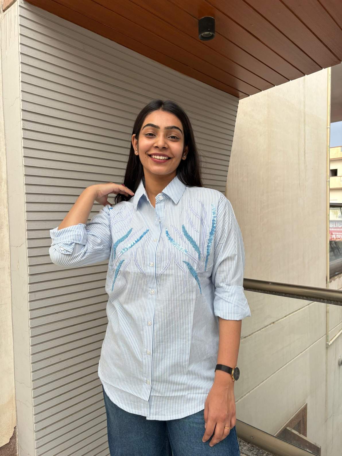 Blue Stripe Embellished Shirt