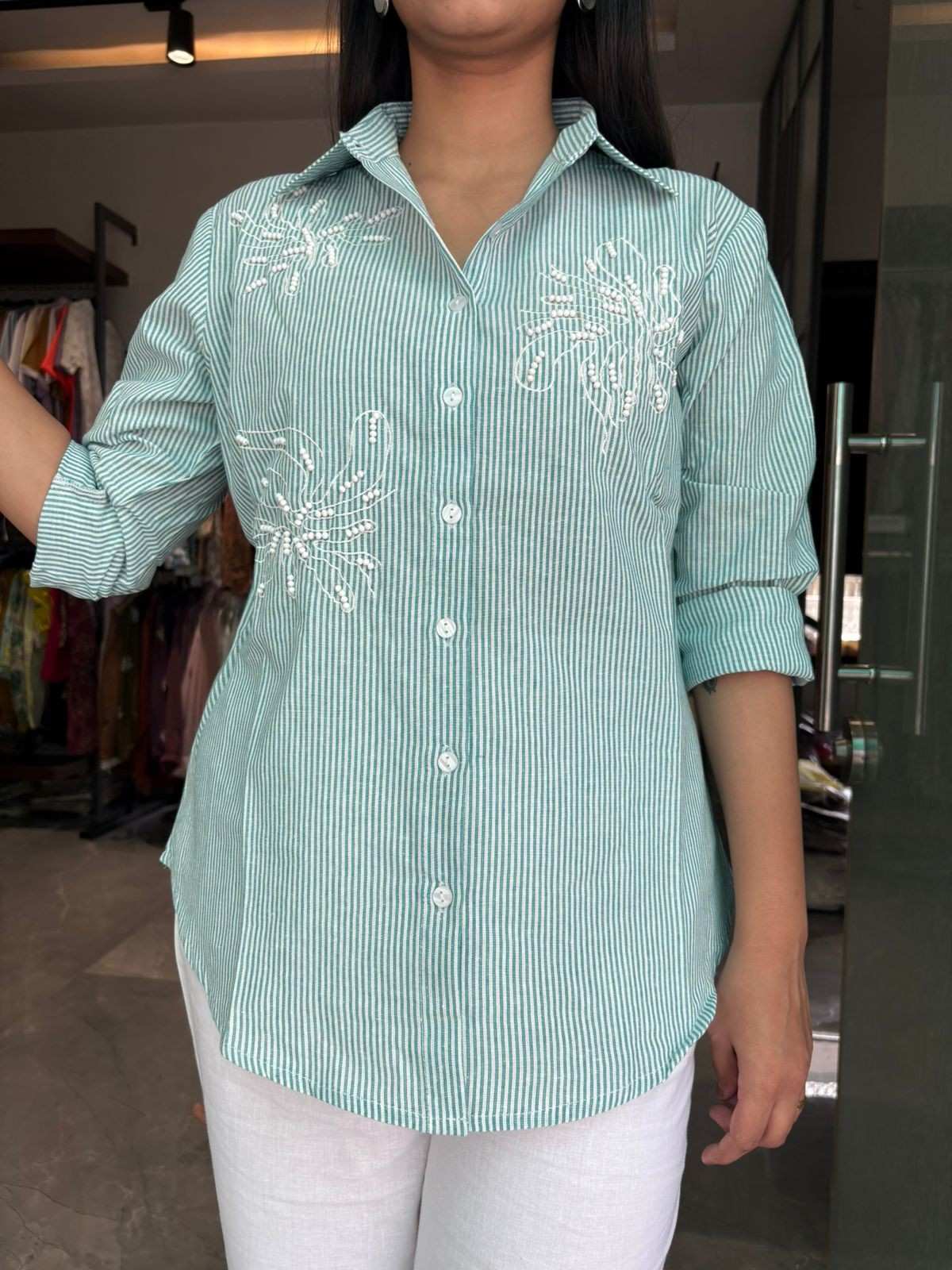 Cotton stripe beads shirt