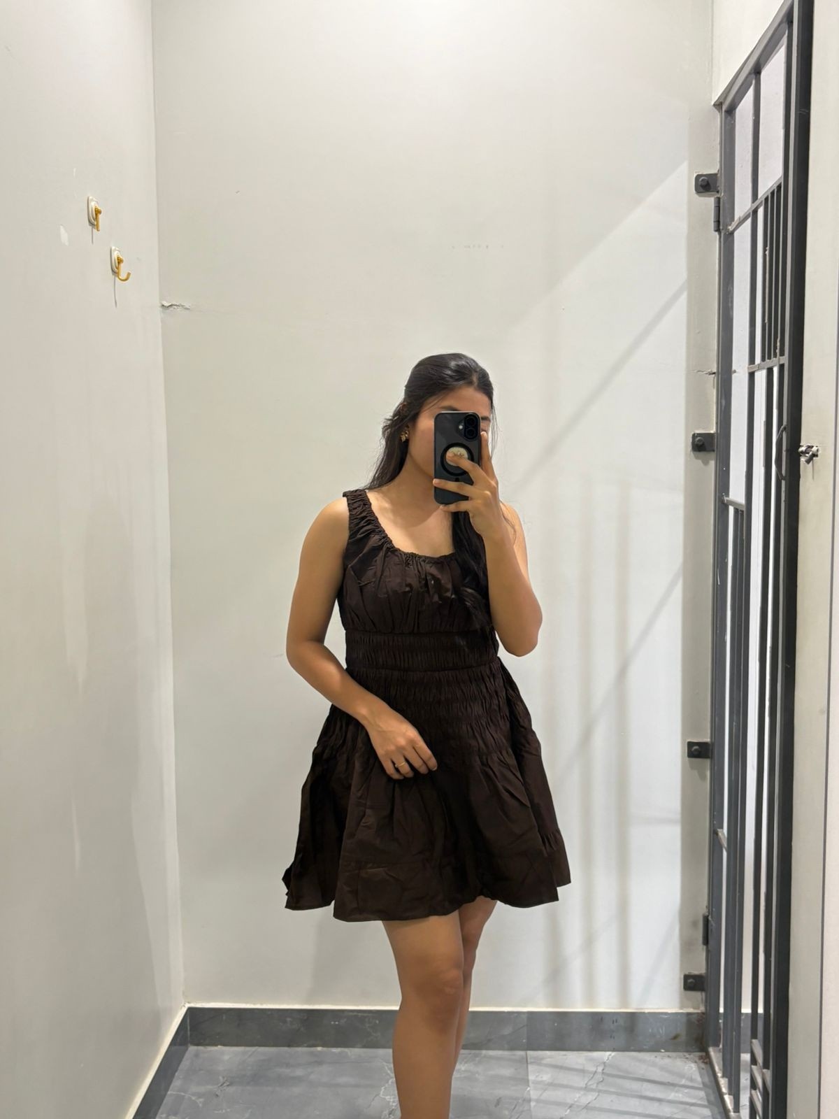 Smocking brown cotton dress