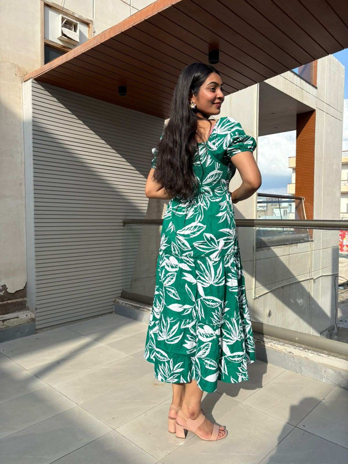 Cotton printed green midi