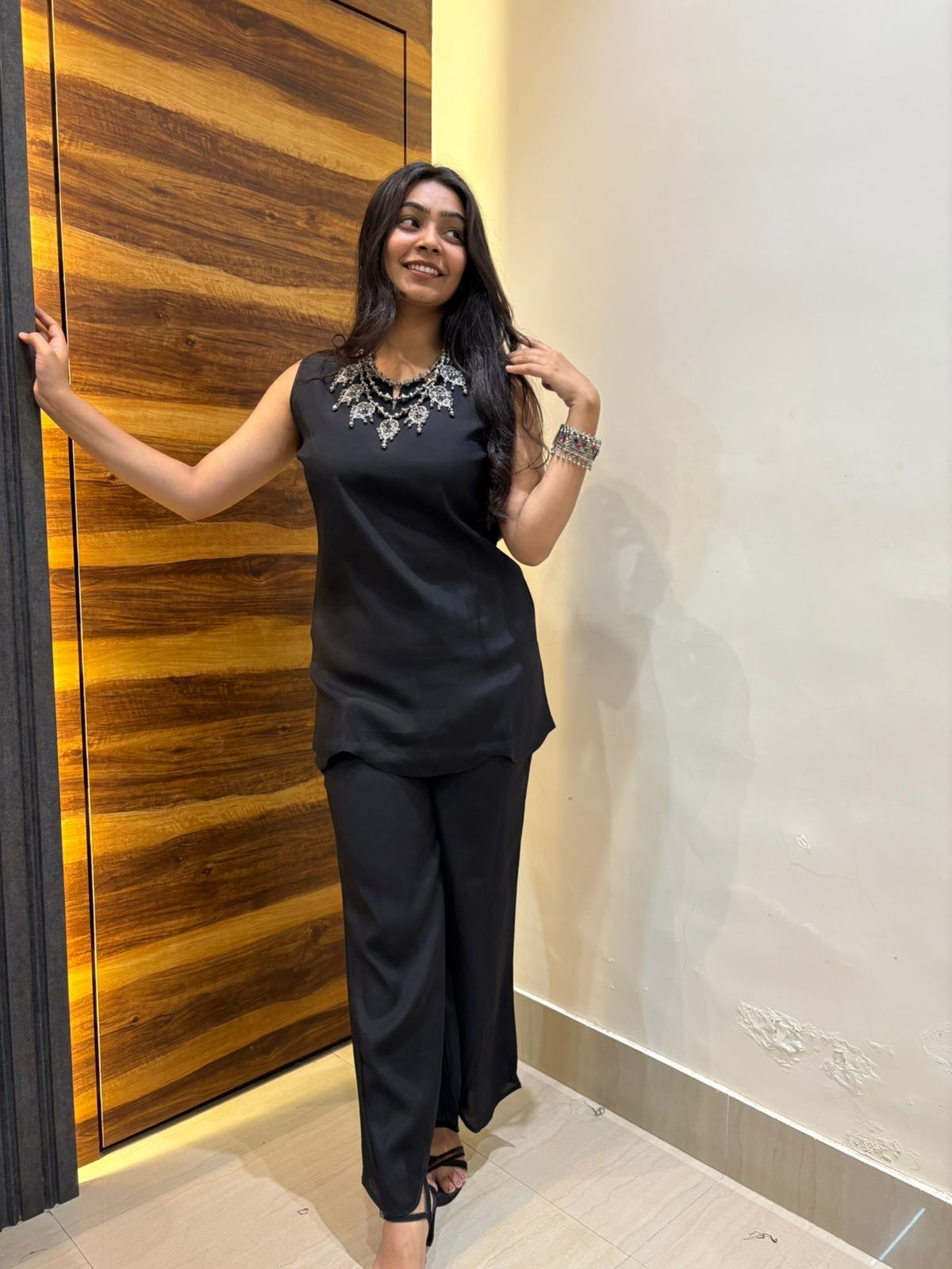 Satin solid tunic coordset