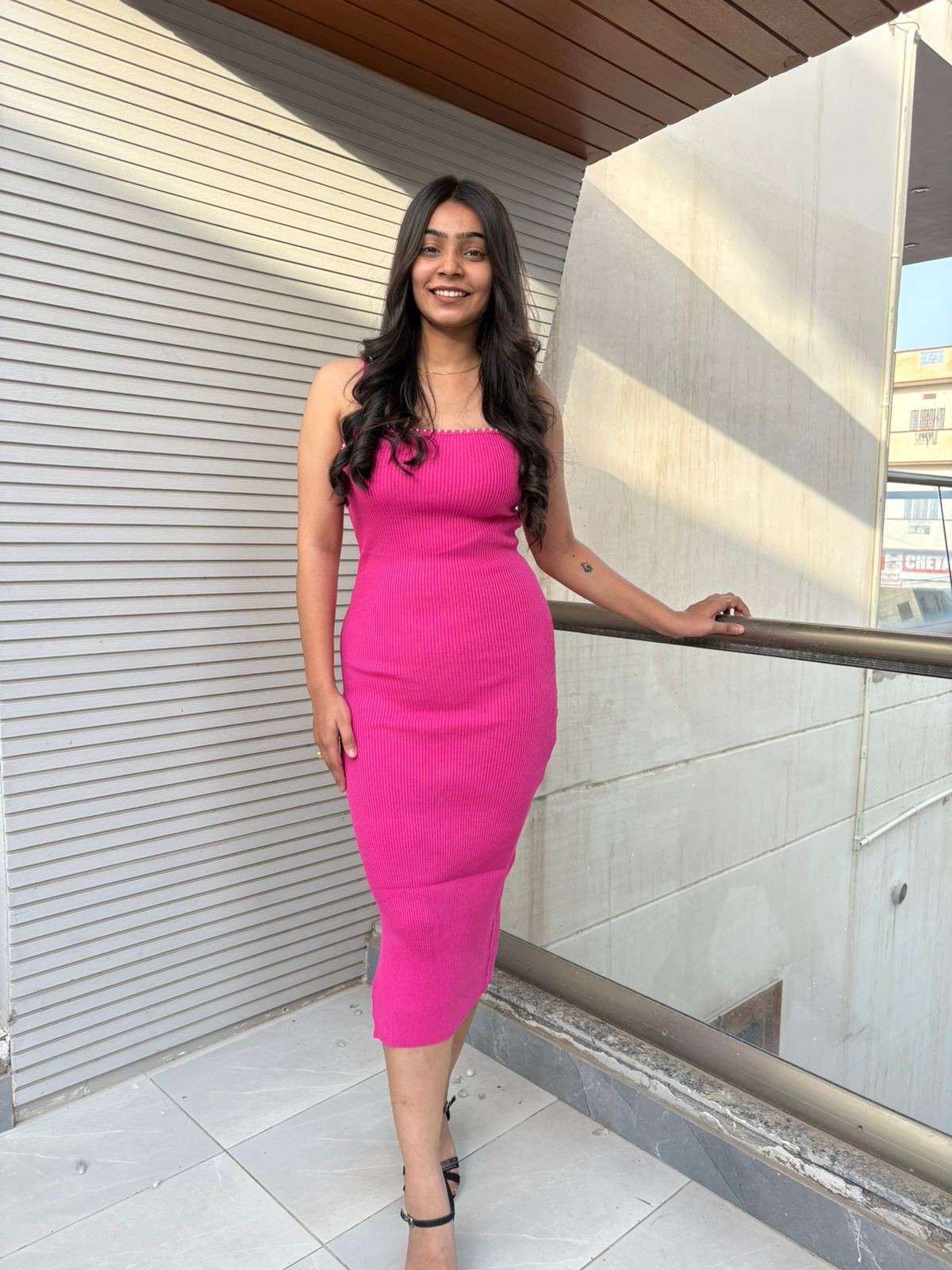 Pearl embalished strap knitted dress