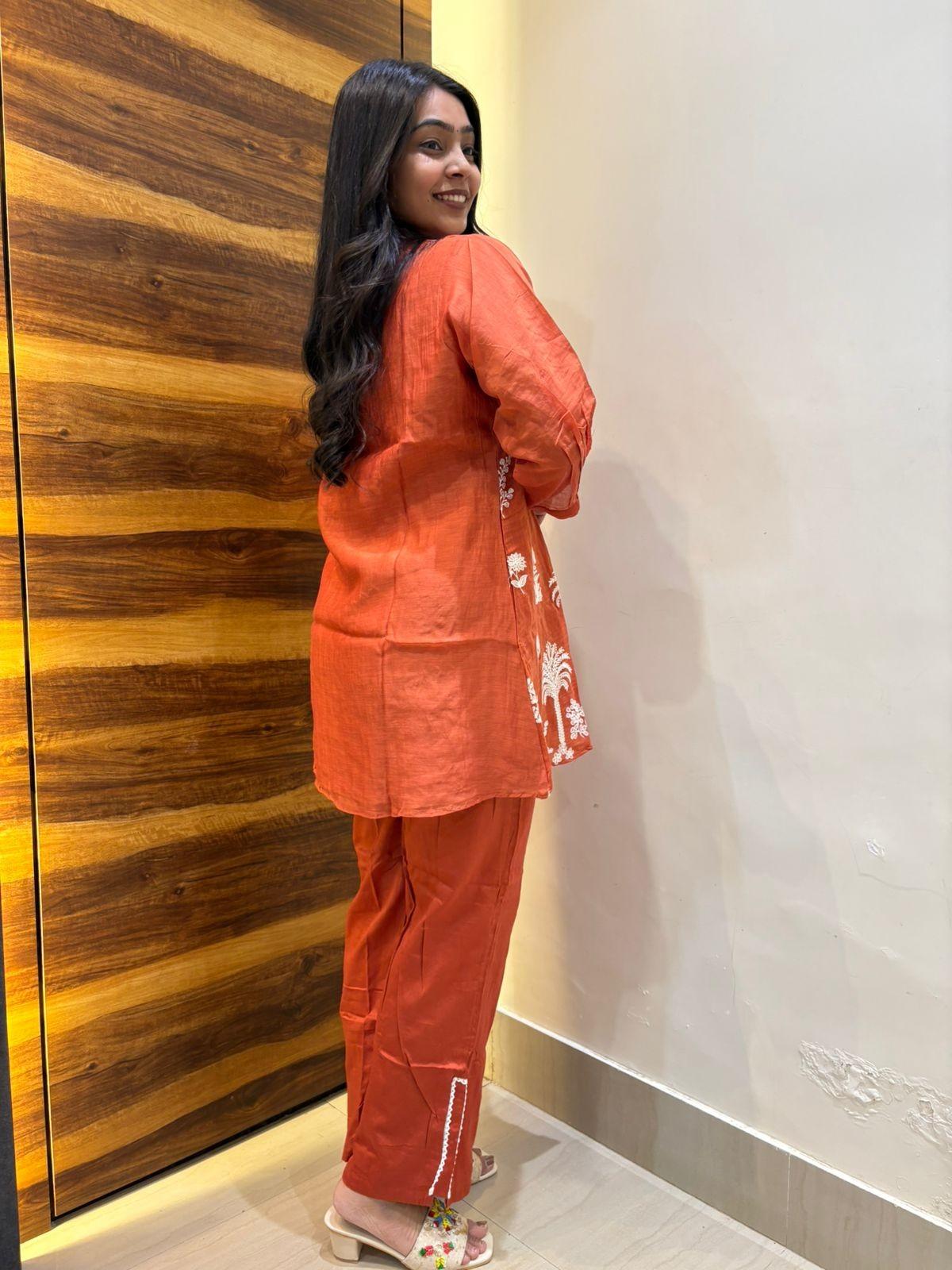 Rust chanderi embroidered cotton coordset