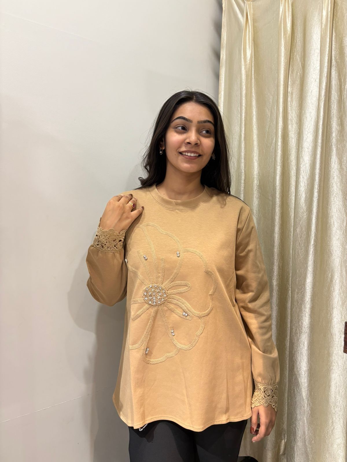 Solid embroidered sweat top