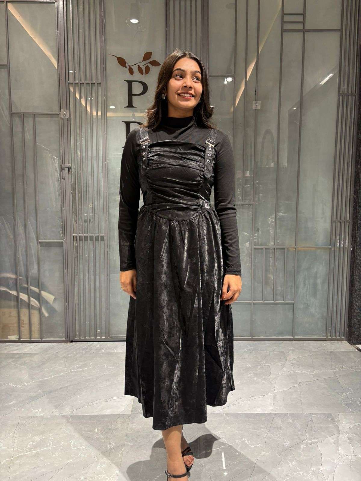 Leather imported dress with highneck