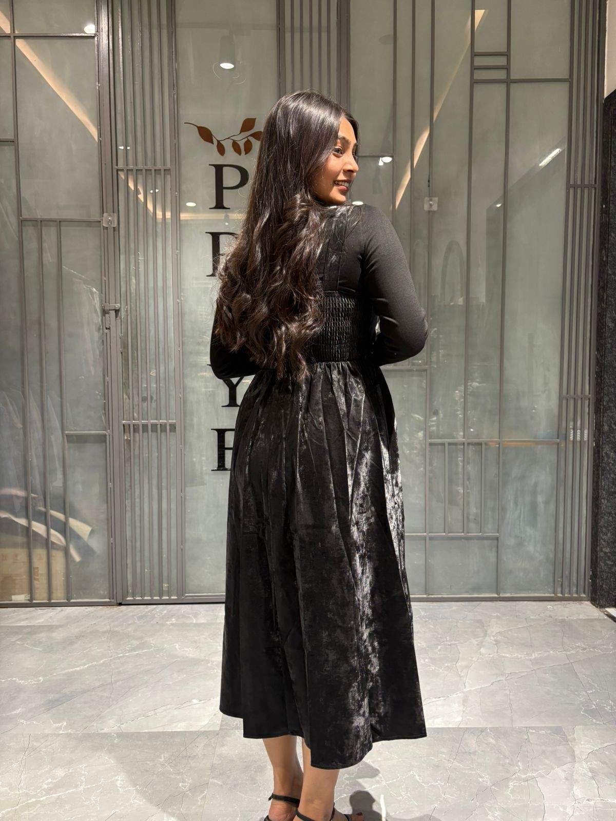 Leather imported dress with highneck